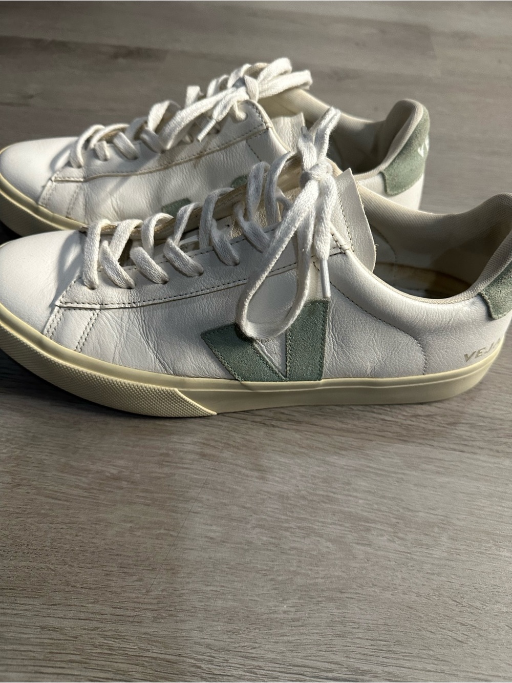 Veja White Leather Sneakers with Sage Green Accents